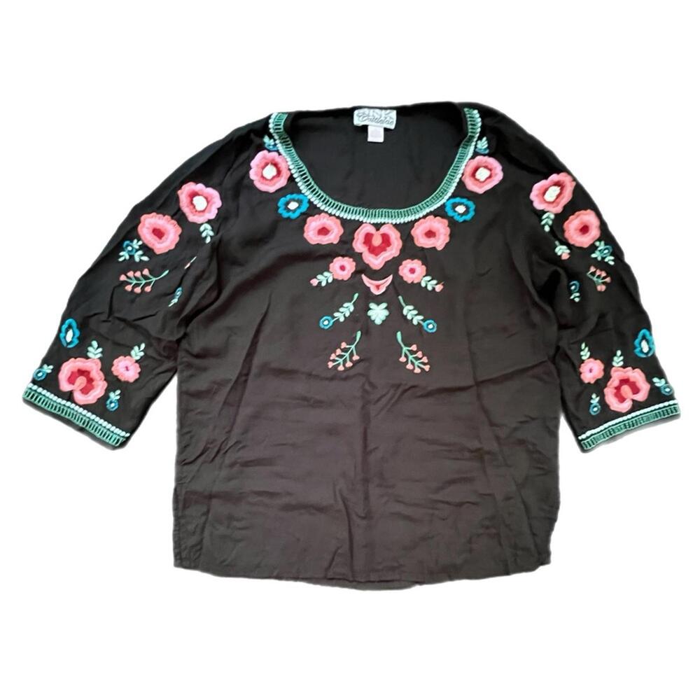 Embroidered‎ Black Top with Floral Accents - XL
